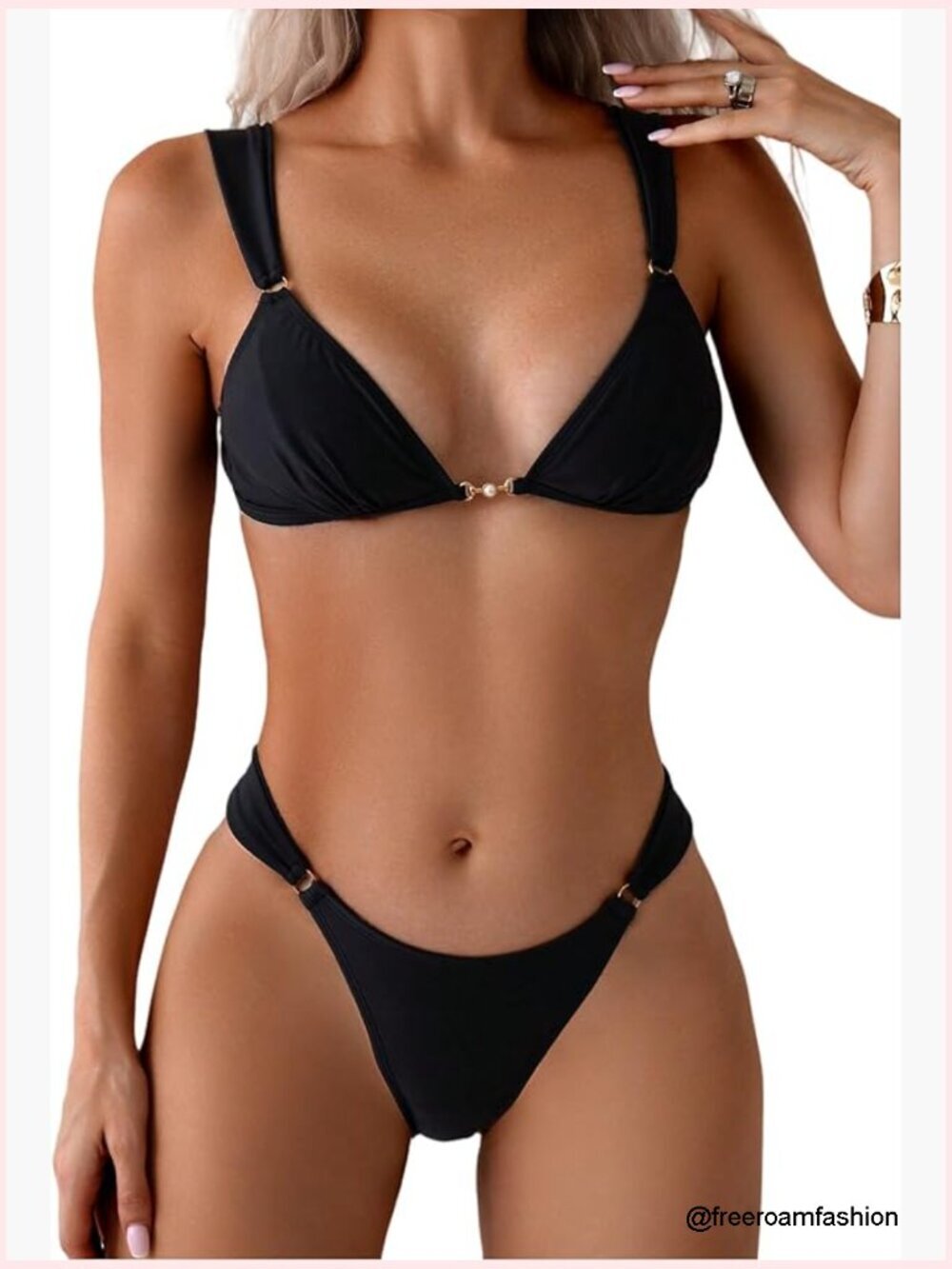 Women's 2 Piece Cheeky Bikini Set Tie Back Ring Linked Triangle Swimsuit